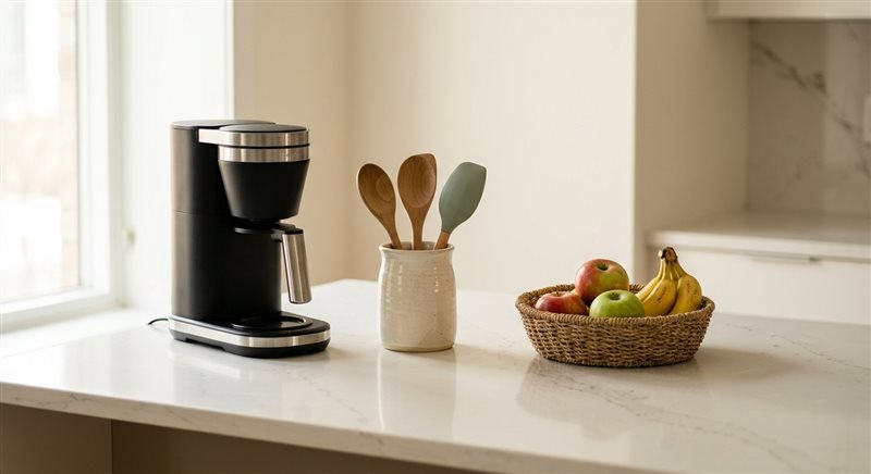 Detalhe da bancada de cozinha em ângulo próximo, com apenas os itens de uso diário: cafeteira, porta-utensílios de cerâmica e fruteira de fibra natural