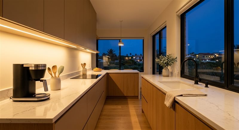 Cozinha moderna ao anoitecer com fita de LED quente acesa sob os armários e a bancada completamente livre e limpa após o reset do fim do dia