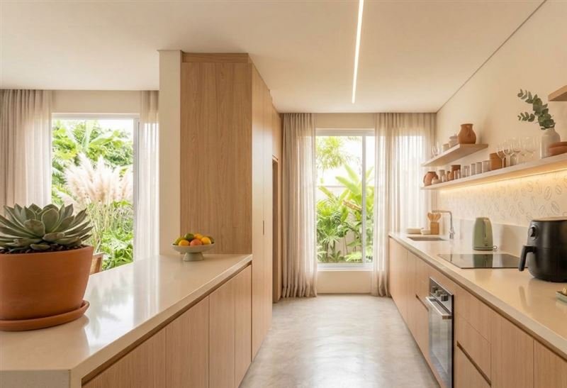 Cozinha clara e minimalista com bancada organizada e luz natural