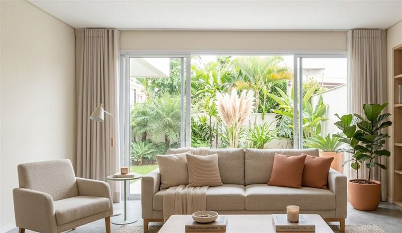 Sala de estar organizada com sofá branco e mesa de centro