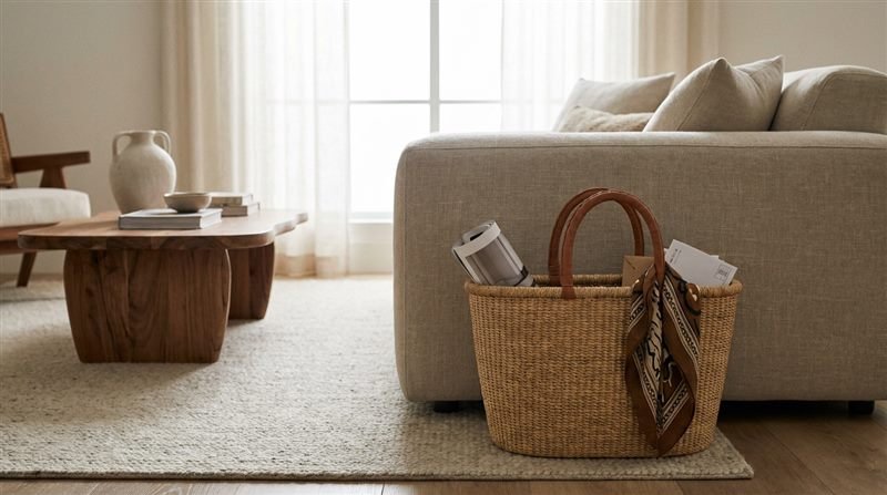 Cesto elegante de tampa ao lado do sofá numa sala já arrumada, discreto e combinando com a decoração