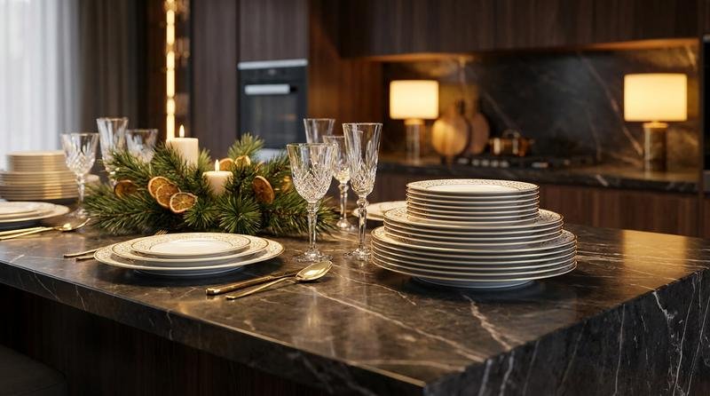 Close de prateleira elegante numa cozinha de padrão alto, com jogo de louça de festa dourado e taças de cristal limpos e separados, prontos para a ceia