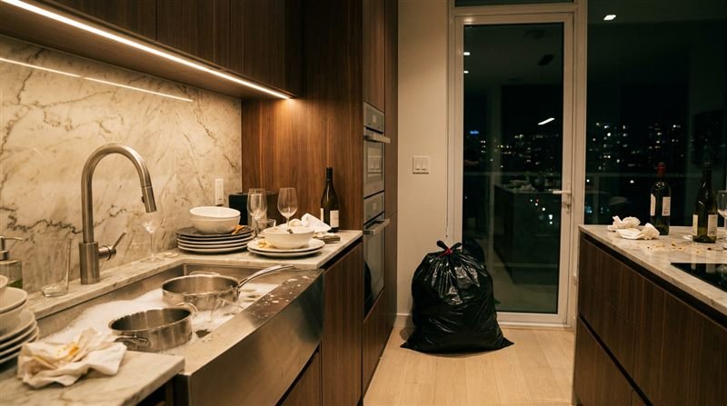 Cozinha ampla e elegante à noite, com iluminação baixa, louça de molho na pia e saco de lixo fechado pronto pra sair