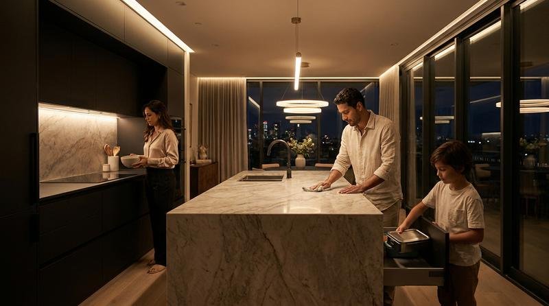 Cozinha ampla, sofisticada e iluminada à noite com uma família de três pessoas dividindo tarefas após o jantar — um adulto guarda louça, outro limpa a bancada e uma criança guarda a lancheira