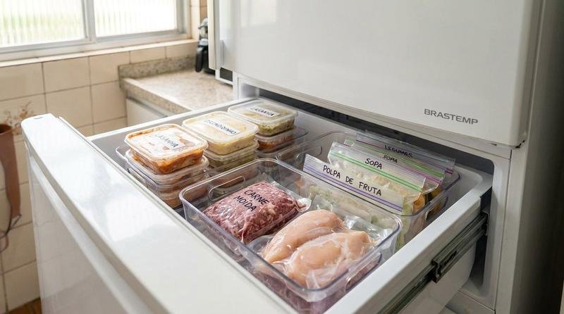 Gaveta de freezer de geladeira duplex branca aberta em cozinha comum, com cestos organizadores separando marmitas prontas de ingredientes crus e sacos congelados achatados guardados em pé como pastas de arquivo