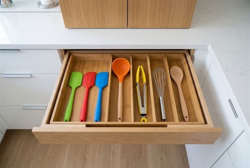 Gaveta com utensílios de preparo separados por compartimento