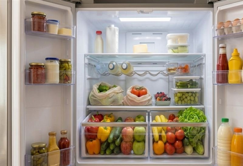 Geladeira aberta e organizada, cheia de frutas e verduras frescas
