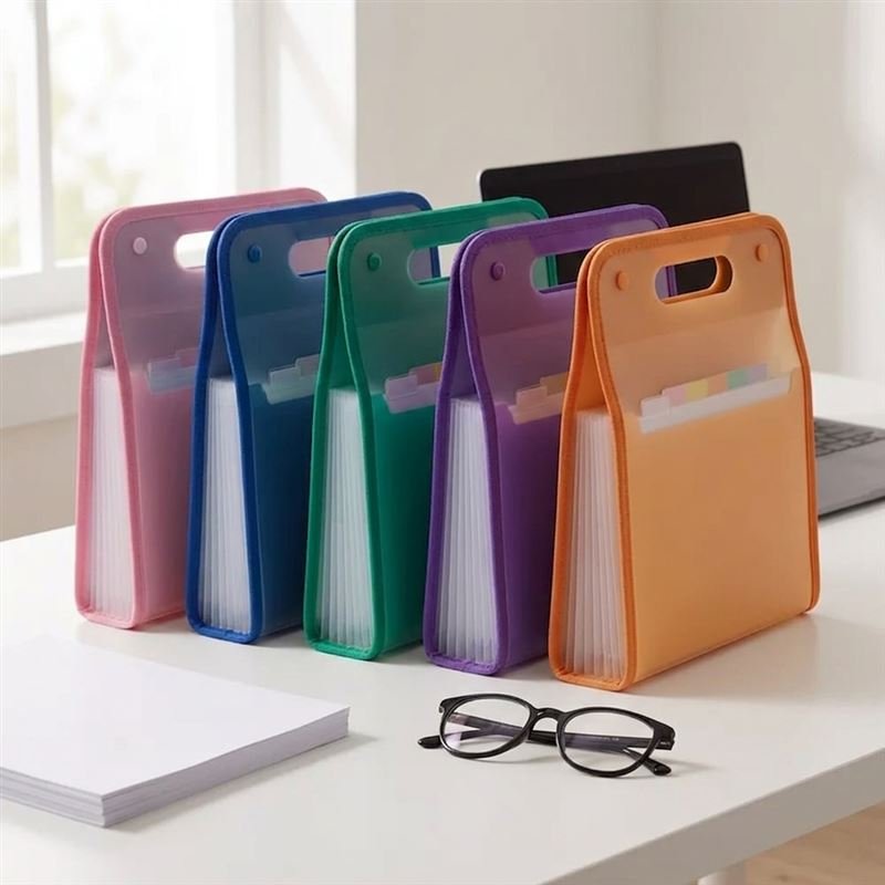 Pastas expansíveis coloridas organizadas sobre uma mesa