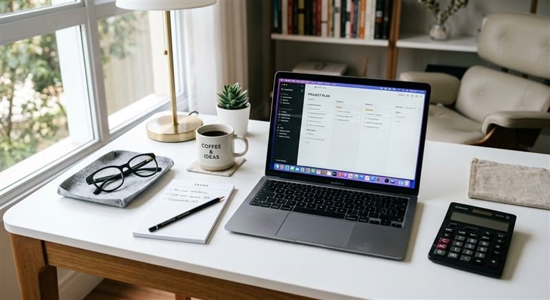 Mesa de escritório em casa com calculadora, notebook e caderno de anotações