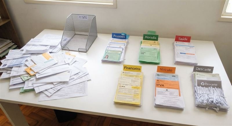 Documentos organizados por categoria sobre uma mesa, separados em pilhas etiquetadas