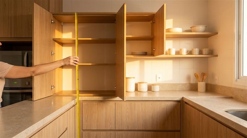 Mão medindo com trena a altura entre prateleiras dentro de um armário de cozinha aberto, em cozinha clara e ampla