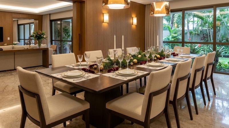 Sala de jantar chique vista por inteiro, com mesa posta para a ceia de Natal, extensão coberta pela mesma toalha e cadeiras elegantes combinando já posicionadas
