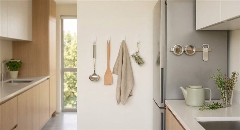 Parede de cozinha moderna vista de lado, com utensílios leves pendurados em ganchos adesivos removíveis e barra magnética na lateral da geladeira