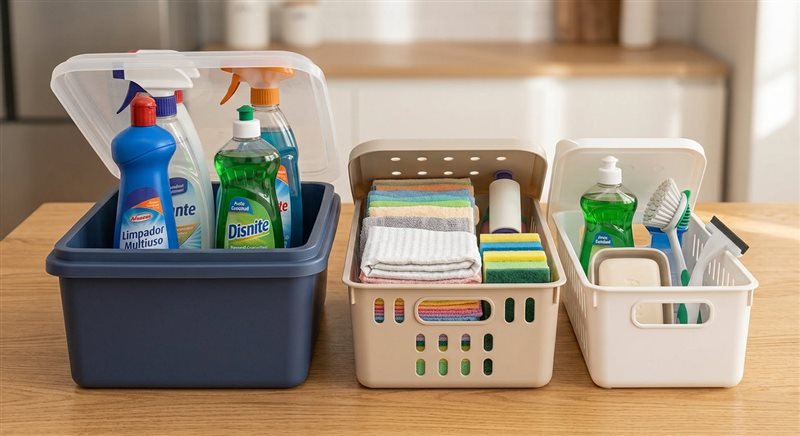 Produtos de limpeza organizados em cestos separados por categoria sobre a bancada
