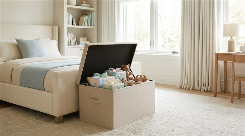 Caixa única sobre a cama do quarto infantil, usada pra triagem dos presentes novos do aniversário