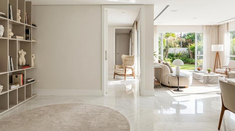 Sala de estar sofisticada vista por inteiro, com o canto da árvore de Natal já liberado e uma poltrona elegante visível no corredor, sendo levada para outro cômodo, luz natural de dia
