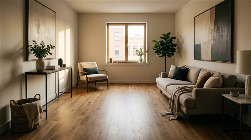Vista ampla de sala pequena e sofisticada de apartamento, com sofá encostado na parede, poltronas nos cantos, centro do ambiente vazio e caminho livre entre a porta de entrada e a varanda