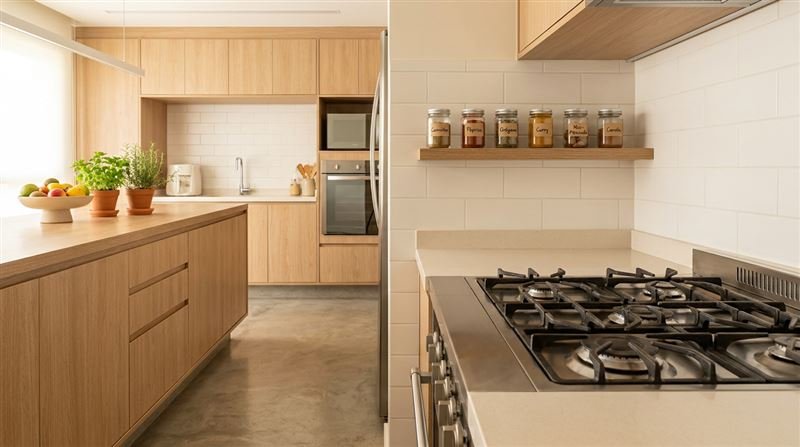 Cozinha moderna vista de lado mostrando o fogão e, na lateral, uma pequena prateleira com meia dúzia de potes de vidro de temperos etiquetados, longe do calor direto