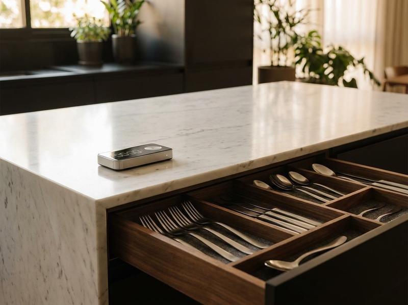 Detalhe de bancada de cozinha de mármore com timer de cozinha marcando 15 minutos ao lado de uma gaveta de talheres premium aberta e organizada em divisórias